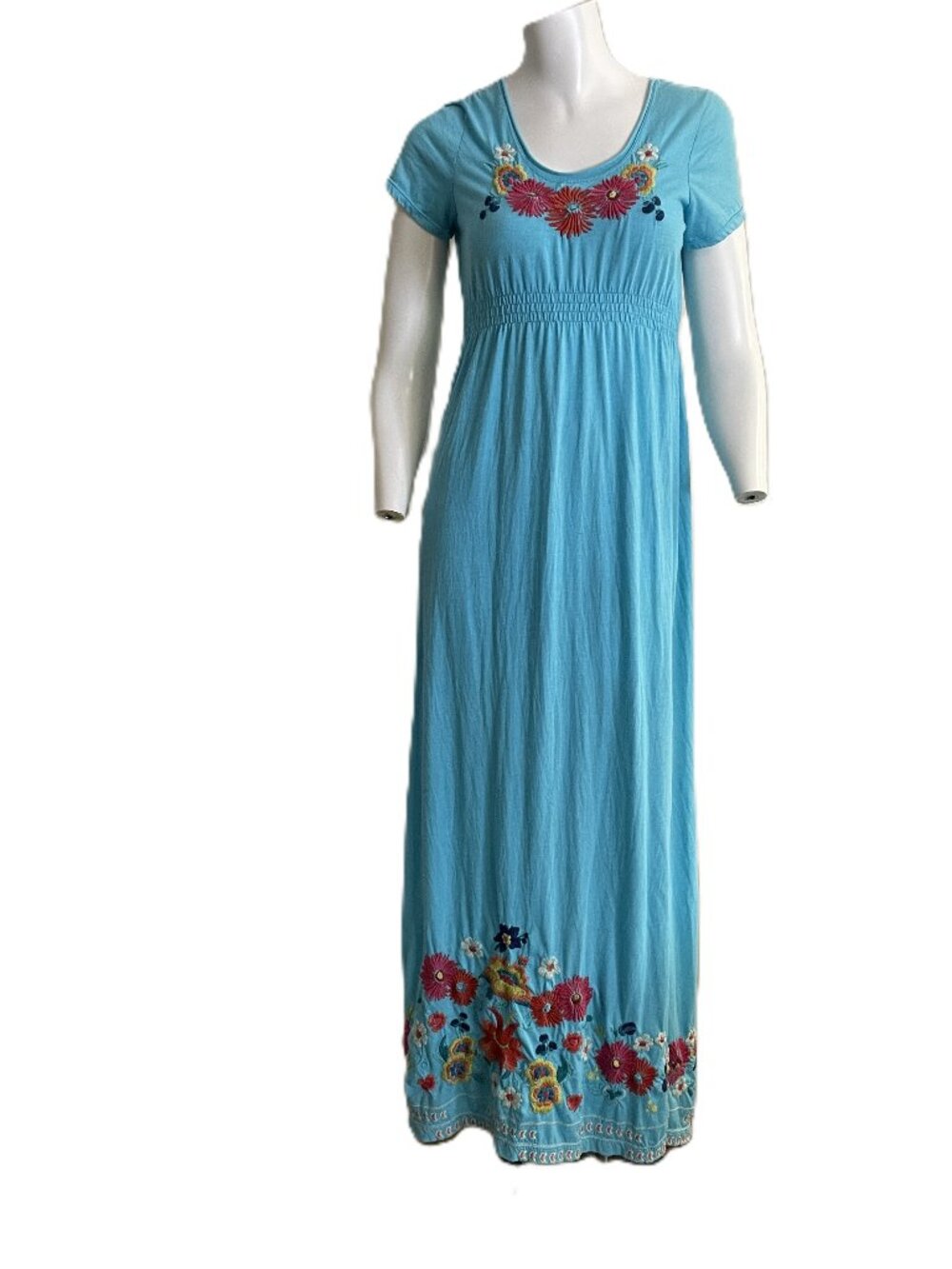 Johnny Was Dress Womens Small Blue Floral Embroidered T Shirt Jersey Knit *FLAWS